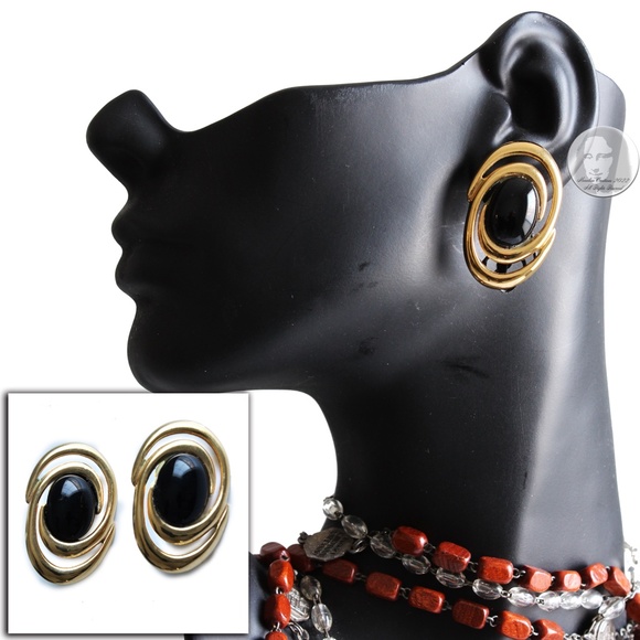 Vintage Napier Earrings Gold Metal Black Abstract Swirl Onyx Black Stones 80s - Picture 1 of 5